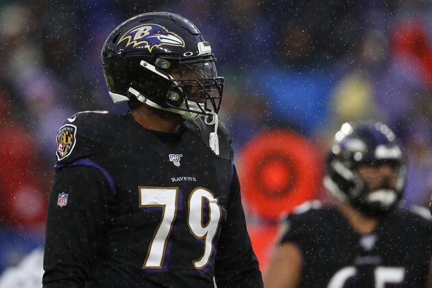 BALTIMORE, MD - DECEMBER 01: Ronnie Stanley #79 of the Baltimore Ravens looks on during the first half of the game against the San Francisco 49ers at M&T Bank Stadium on December 1, 2019 in Baltimore, Maryland. (Photo by Scott Taetsch/Getty Images)