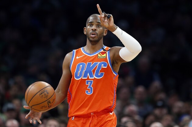 Oklahoma City Thunder's Chris Paul plays against the Boston Celtics during an NBA basketball game, Sunday, March, 8, 2020, in Boston. (AP Photo/Michael Dwyer)