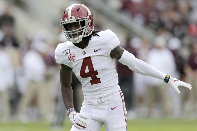 Alabama wide receiver Jerry Jeudy (4) looks down the line before a snap during the second half of an NCAA college football game against Texas A&M Saturday, Oct. 12, 2019, in College Station, Texas. (AP Photo/Sam Craft) Alabama wide receiver Jerry Jeudy (4) looks down the line before a snap during the second half of an NCAA college football game against Texas A&M Saturday, Oct. 12, 2019, in College Station, Texas. (AP Photo/Sam Craft)