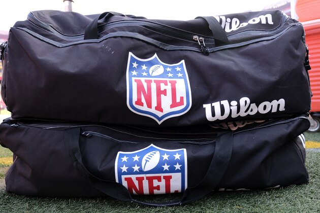 NFL Wilson equipment bags are seen on the sideline prior to NFL football game between the New York Giants and the Washington redskins, Sunday, Dec. 22, 2019, in Landover, Md. (AP Photo/Mark Tenally)