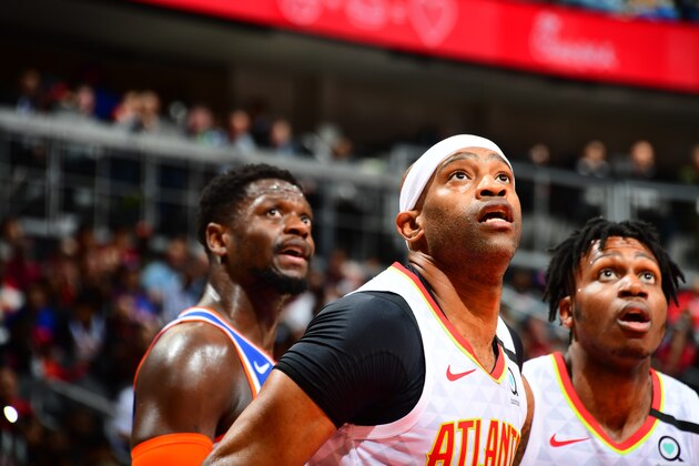 ATLANTA, GA - MARCH 11: Vince Carter #15 of the Atlanta Hawks looks on during the game against the New York Knicks on March 11, 2020 at State Farm Arena in Atlanta, Georgia.  NOTE TO USER: User expressly acknowledges and agrees that, by downloading and/or using this Photograph, user is consenting to the terms and conditions of the Getty Images License Agreement. Mandatory Copyright Notice: Copyright 2020 NBAE (Photo by Scott Cunningham/NBAE via Getty Images)