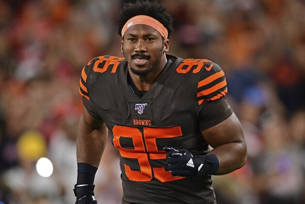 Cleveland Browns defensive end Myles Garrett is introduced before an NFL football game against the Los Angeles Rams, Sunday, Sept. 22, 2019, in Cleveland. The Rams won 20-13. (AP Photo/David Dermer)