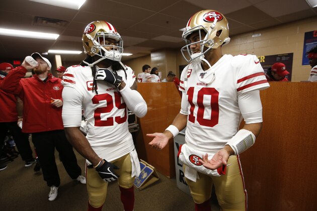 LANDOVER, MD - OCTOBER 20: Richard Sherman #25 and Jimmy Garoppolo #10 of the San Francisco 49ers talk in the locker room prior to the game against the Washington Redskins at FedExField on October 20, 2019 in Landover, Maryland. The 49ers defeated the Redskins 9-0. (Photo by Michael Zagaris/San Francisco 49ers/Getty Images)
