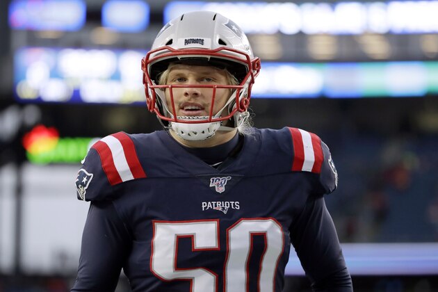 New England Patriots defensive end Chase Winovich warms up before an NFL football game against the Kansas City Chiefs, Sunday, Dec. 8, 2019, in Foxborough, Mass. (AP Photo/Elise Amendola)