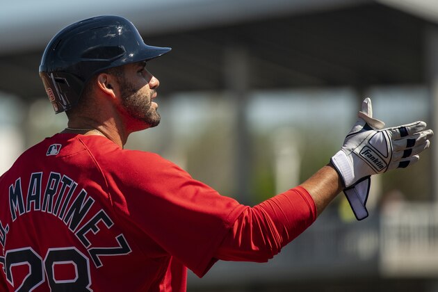 FT. MYERS, FL - FEBRUARY 28: J.D. Martinez #28 of the Boston Red Sox reacts after hitting a triple during the first inning of a Grapefruit League game against the Minnesota Twins at CenturyLink Sports Complex on February 28, 2020 in Fort Myers, Florida. (Photo by Billie Weiss/Boston Red Sox/Getty Images)