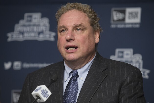 New York Yankees president Randy Levine speaks during a news conference at Yankee Stadium regarding the upcoming Pinstripe Bowl between Penn State and Boston College, Tuesday, Dec. 9, 2014, in the Bronx borough of New York.  (AP Photo/John Minchillo)