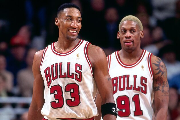 CHICAGO, IL - FEBRUARY 24: Scottie Pippen #33, and Dennis Rodman #91 of the Chicago Bulls are seen during the game against the Portland Trail Blazers on February 24, 1997 at the United Center in Chicago, IL. NOTE TO USER: User expressly acknowledges and agrees that, by downloading and/or using this photograph, user is consenting to the terms and conditions of the Getty Images License Agreement. Mandatory Copyright Notice: Copyright 1997 NBAE (Photo by Sam Forencich/NBAE via Getty Images)