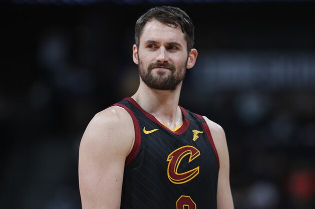 Cleveland Cavaliers forward Kevin Love (0) in the second half of an NBA basketball game Saturday, Jan. 11, 2020, in Denver. The Cavaliers won 111-103. (AP Photo/David Zalubowski)