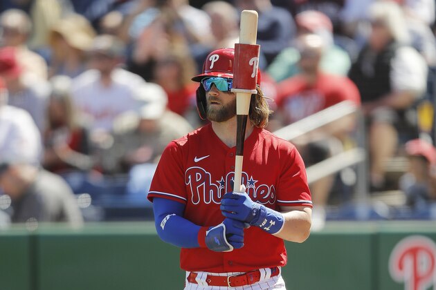 CLEARWATER, FLORIDA - MARCH 07:  Bryce Harper #3 of the Philadelphia Phillies looks on from the on-deck circle against the Boston Red Sox during a Grapefruit League spring training game on March 07, 2020 in Clearwater, Florida. (Photo by Michael Reaves/Getty Images)