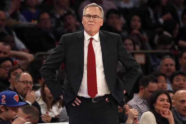 NEW YORK, NEW YORK - MARCH 02: (NEW YORK DAILIES OUT)  Head coach Mike D'Antoni of the Houston Rockets in action against the New York Knicks at Madison Square Garden on March 02, 2020 in New York City. The Knicks defeated the Rockets 125-123. NOTE TO USER: User expressly acknowledges and agrees that, by downloading and or using this photograph, User is consenting to the terms and conditions of the Getty Images License Agreement. (Photo by Jim McIsaac/Getty Images)