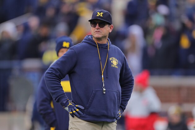 ANN ARBOR, MI - NOVEMBER 30: Michigan Wolverines Head Football Coach Jim Harbaugh watches the pregame warmups prior to the start of the game against the Ohio State Buckeyes at Michigan Stadium on November 30, 2019 in Ann Arbor, Michigan. (Photo by Leon Halip/Getty Images)