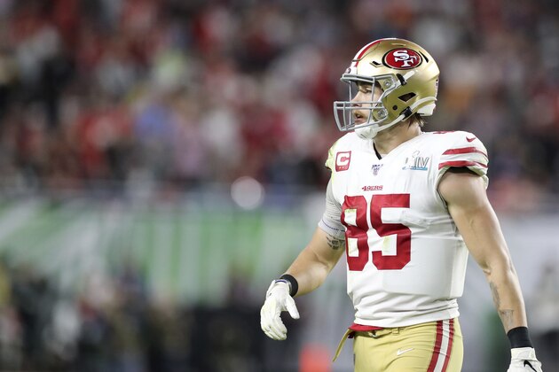 San Francisco 49ers tight end George Kittle (85) is seen against the Kansas City Chiefs at Super Bowl 54 on Feb. 2, 2020, in Miami Gardens, Fla. The Chiefs won the game 31-20. (AP Photo/Gregory Payan)