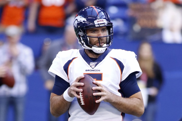INDIANAPOLIS, INDIANA - OCTOBER 27: Joe Flacco #5 of the Denver Broncos warms up before the game against the Indianapolis Colts at Lucas Oil Stadium on October 27, 2019 in Indianapolis, Indiana. (Photo by Justin Casterline/Getty Images)