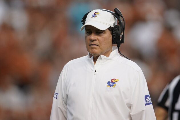 Kansas head coach Les Miles looks on during the first half of an NCAA college football game against Texas in Austin, Texas, Saturday, Oct. 19, 2019. (AP Photo/Chuck Burton)