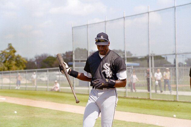 Chicago White Sox minor-leaguer Michael Jordan looks at his hand as he finishes batting practice, Monday, Feb. 27, 1995, Sarasota, Fla. (AP Photo/Pat Sullivan)