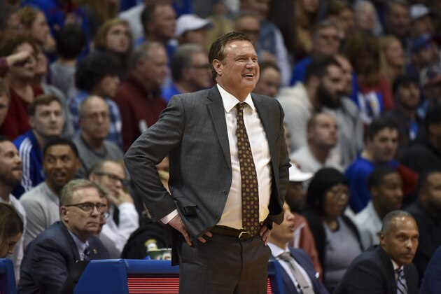 LAWRENCE, KANSAS - FEBUARY 17: Head coach Bill Self of the Kansas Jayhawks reacts after a foul call against the Iowa State Cyclones at Allen Fieldhouse on February 17, 2020 in Lawrence, Kansas. (Photo by Ed Zurga/Getty Images)
