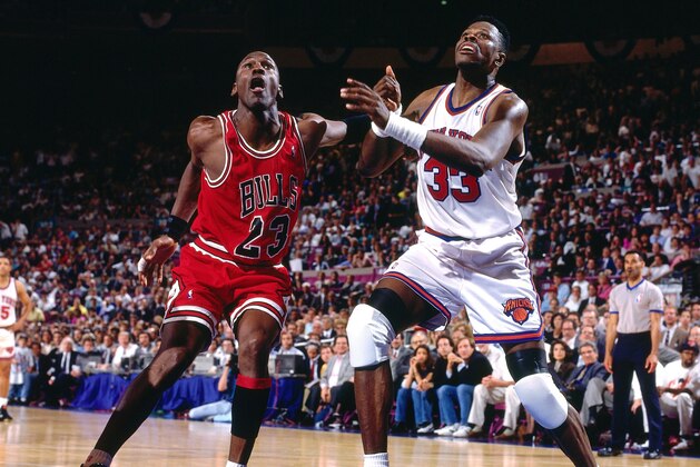 NEW YORK - 1993:  Michael Jordan #23 of the Chicago Bulls boxes out against Patrick Ewing #33 of the New York Knicks during a game played in 1993 at Madison Square Garden in New York, New York. NOTE TO USER: User expressly acknowledges and agrees that, by downloading and or using this photograph, User is consenting to the terms and conditions of the Getty Images License Agreement. Mandatory Copyright Notice: Copyright 1993 NBAE (Photo by Nathaniel S. Butler/NBAE via Getty Images)