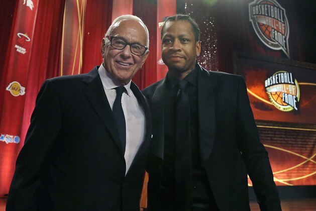 Basketball Hall of Fame inductee Allen Iverson, right, poses with his presenter, coach Larry Brown, before induction ceremonies at Symphony Hall, Friday, Sept. 9, 2016, in Springfield, Mass. (AP Photo/Elise Amendola)