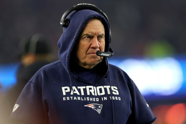 FOXBOROUGH, MASSACHUSETTS - JANUARY 04: Head coach Bill Belichick of the New England Patriots looks on during the AFC Wild Card Playoff game against the Tennessee Titans at Gillette Stadium on January 04, 2020 in Foxborough, Massachusetts. (Photo by Maddie Meyer/Getty Images)