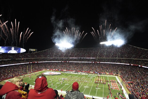 Fireworks explode during player introductions before an NFL football game between the Pittsburgh Steelers and Kansas City Chiefs at Arrowhead Stadium in Kansas City, Mo., Sunday, Nov. 27, 2011. (AP Photo/Orlin Wagner) Fireworks explode during player introductions before an NFL football game between the Pittsburgh Steelers and Kansas City Chiefs at Arrowhead Stadium in Kansas City, Mo., Sunday, Nov. 27, 2011. (AP Photo/Orlin Wagner)
