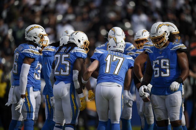 Los Angeles Chargers quarterback Philip Rivers huddles during the first half of an NFL football game against the Oakland Raiders Sunday, Dec. 22, 2019, in Carson, Calif. (AP Photo/Kelvin Kuo) Los Angeles Chargers quarterback Philip Rivers huddles during the first half of an NFL football game against the Oakland Raiders Sunday, Dec. 22, 2019, in Carson, Calif. (AP Photo/Kelvin Kuo)