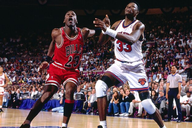 NEW YORK - 1993:  Michael Jordan #23 of the Chicago Bulls boxes out against Patrick Ewing #33 of the New York Knicks during a game played in 1993 at Madison Square Garden in New York, New York. NOTE TO USER: User expressly acknowledges and agrees that, by downloading and or using this photograph, User is consenting to the terms and conditions of the Getty Images License Agreement. Mandatory Copyright Notice: Copyright 1993 NBAE (Photo by Nathaniel S. Butler/NBAE via Getty Images)