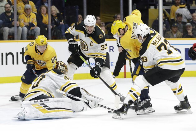 Boston Bruins goaltender Tuukka Rask (40), of Finland, reaches for the puck as Nashville Predators center Mikael Granlund (64), of Finland, and center Matt Duchene, second from right, battle for it in the second period of an NHL hockey game Tuesday, Jan. 7, 2020, in Nashville, Tenn. (AP Photo/Mark Humphrey)