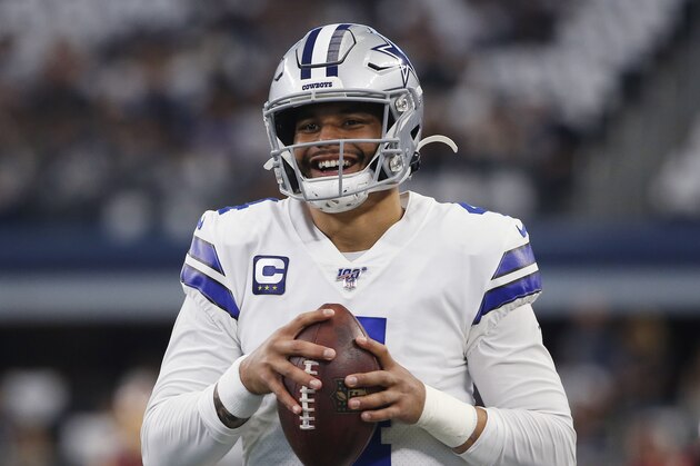 Dallas Cowboys quarterback Dak Prescott (4) prior to an NFL football game against the Washington Redskins in Arlington, Texas, Sunday, Dec. 15, 2019. (AP Photo/Ron Jenkins)