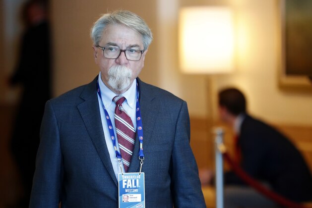 Tennessee Titans President and CEO Steve Underwood arrives at the NFL Fall League Meeting, Tuesday, Oct. 15, 2019, in Fort Lauderdale, Fla. NFL owners begin two days of meetings with formal bargaining talks on a new collective bargaining agreement expected to resume soon. (AP Photo/Wilfredo Lee)