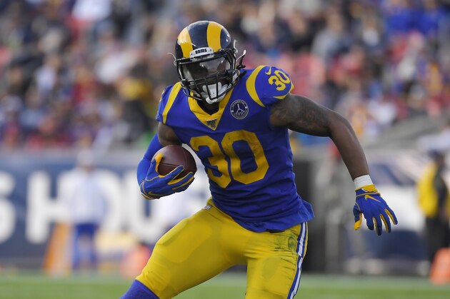 Los Angeles Rams running back Todd Gurley runs a play during the first half of an NFL football game against the Arizona Cardinals Sunday, Dec. 29, 2019, in Los Angeles. (AP Photo/Mark J. Terrill)