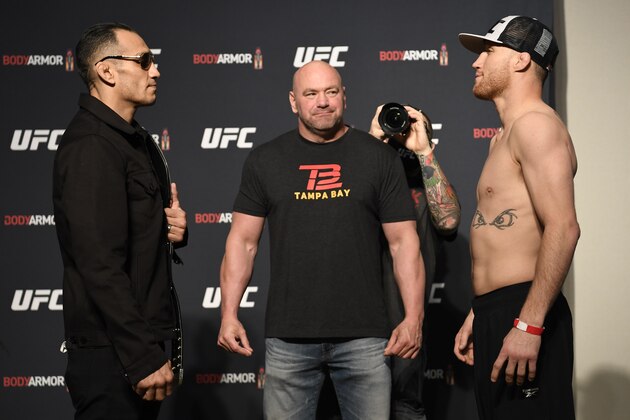 JACKSONVILLE, FLORIDA - MAY 08: (L-R) Opponents Tony Ferguson and Justin Gaethje face off during the UFC 249 official weigh-in on May 08, 2020 in Jacksonville, Florida. (Photo by Mike Roach/Zuffa LLC)