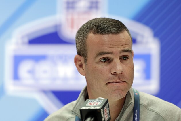 FILE - In this Feb. 28, 2018, file photo, Buffalo Bills general manager Brandon Beane speaks during a press conference at the NFL football scouting combine in Indianapolis. Beane refuses to paint himself into a corner in making any public commitment to selecting a quarterback in the first round of the draft. He says it's premature to determine what position the Bills will target with either of their two first-round picks, because his attention was focused on reshaping the roster through a series of trades and free-agent signings over the past few weeks. (AP Photo/Darron Cummings, File) FILE - In this Feb. 28, 2018, file photo, Buffalo Bills general manager Brandon Beane speaks during a press conference at the NFL football scouting combine in Indianapolis. Beane refuses to paint himself into a corner in making any public commitment to selecting a quarterback in the first round of the draft. He says it's premature to determine what position the Bills will target with either of their two first-round picks, because his attention was focused on reshaping the roster through a series of trades and free-agent signings over the past few weeks. (AP Photo/Darron Cummings, File)