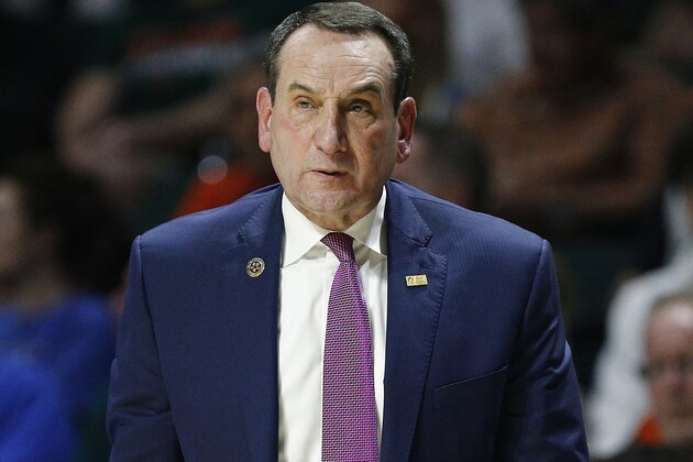 MIAMI, FLORIDA - JANUARY 04: Head coach Mike Krzyzewski of the Duke Blue Devils reacts against the Miami Hurricanes during the second half at the Watsco Center on January 04, 2020 in Miami, Florida. (Photo by Michael Reaves/Getty Images)