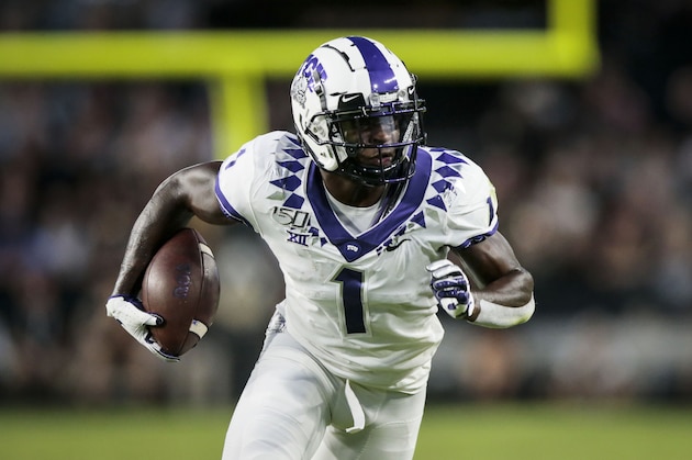 TCU wide receiver Jalen Reagor (1) in action as TCU played Purdue in an NCAA football game on Saturday, Sept. 14, 2019 in West Lafayette, Ind. (AP Photo/AJ Mast)