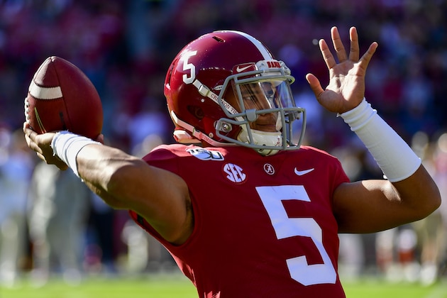 Alabama quarterback Taulia Tagovailoa (5) warms up before an NCAA football game against LSU Saturday, Nov. 9, 2019, in Tuscaloosa, Ala. (AP Photo/Vasha Hunt) Alabama quarterback Taulia Tagovailoa (5) warms up before an NCAA football game against LSU Saturday, Nov. 9, 2019, in Tuscaloosa, Ala. (AP Photo/Vasha Hunt)
