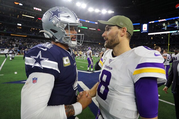 ARLINGTON, TEXAS - NOVEMBER 10: Dak Prescott #4 of the Dallas Cowboys and Kirk Cousins #8 of the Minnesota Vikings meet on the field after the game at AT&T Stadium on November 10, 2019 in Arlington, Texas. (Photo by Richard Rodriguez/Getty Images)