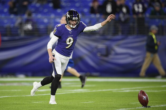 Baltimore Ravens kicker Justin Tucker (9) warms up before an NFL divisional playoff football game against the Tennessee Titans, Saturday, Jan. 11, 2020, in Baltimore. (AP Photo/Nick Wass)