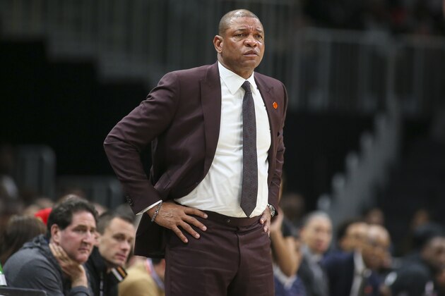 Los Angeles Clippers head coach Doc Rivers on the sideline in the first half of an NBA basketball game against the Atlanta Hawks, Wednesday, Jan. 22, 2020, in Atlanta. (AP Photo/Brett Davis)
