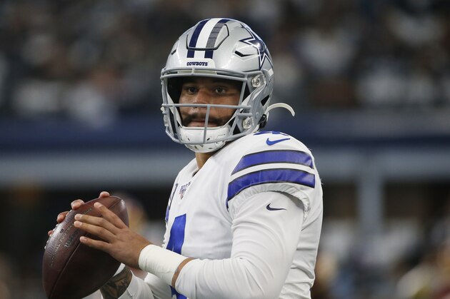 Dallas Cowboys quarterback Dak Prescott (4) during an NFL football game against the Washington Redskins in Arlington, Texas, Sunday, Dec. 15, 2019. (AP Photo/Ron Jenkins)