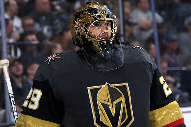 LAS VEGAS, NEVADA - FEBRUARY 26:  Marc-Andre Fleury #29 of the Vegas Golden Knights takes a break during a stop in play in the third period of a game against the Edmonton Oilers at T-Mobile Arena on February 26, 2020 in Las Vegas, Nevada. The Golden Knights defeated the Oilers 3-0.  (Photo by Ethan Miller/Getty Images)