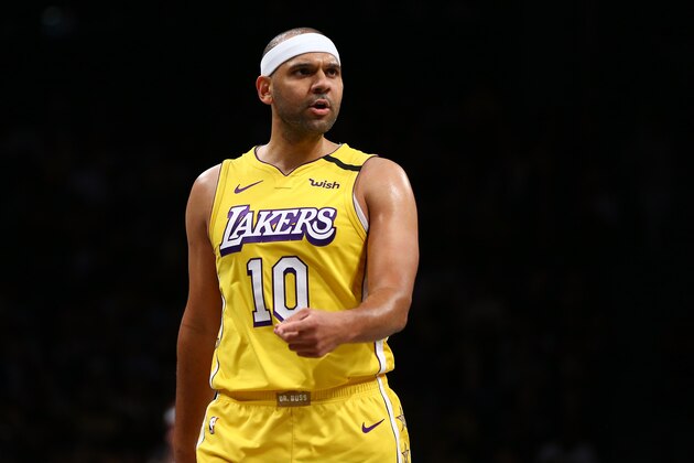 NEW YORK, NEW YORK - JANUARY 23:  Jared Dudley #10 of the Los Angeles Lakers in action against the Brooklyn Netsat Barclays Center on January 23, 2020 in New York City. NOTE TO USER: User expressly acknowledges and agrees that, by downloading and or using this photograph, User is consenting to the terms and conditions of the Getty Images License Agreement. (Photo by Mike Stobe/Getty Images)