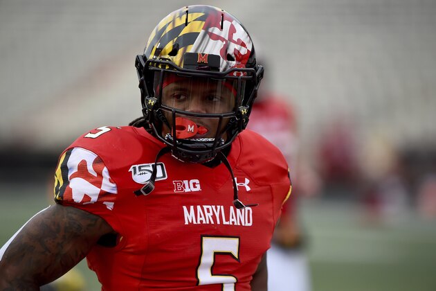Maryland running back Anthony McFarland Jr. (5) looks on prior to an NCAA college football game against Nebraska, Saturday, Nov. 23, 2019, in College Park, Md. (AP Photo/Will Newton)