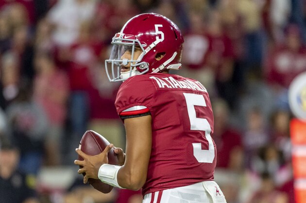 Alabama quarterback Taulia Tagovailoa (5) during the second half of an NCAA college football game against Arkansas, Saturday, Oct. 26, 2019, in Tuscaloosa, Ala. (AP Photo/Vasha Hunt)