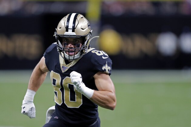 New Orleans Saints wide receiver Austin Carr (80) runs a route in the first half of an NFL football game against the Arizona Cardinals in New Orleans, Sunday, Oct. 27, 2019. (AP Photo/Bill Feig)