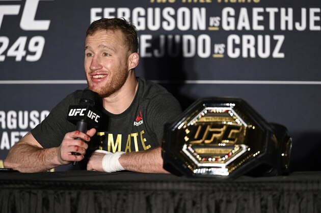 JACKSONVILLE, FLORIDA - MAY 09: Justin Gaethje of the United States speaks to the media after his Interim lightweight title fight against Tony Ferguson of the United States during UFC 249 at VyStar Veterans Memorial Arena on May 09, 2020 in Jacksonville, Florida. (Photo by Douglas P. DeFelice/Getty Images)