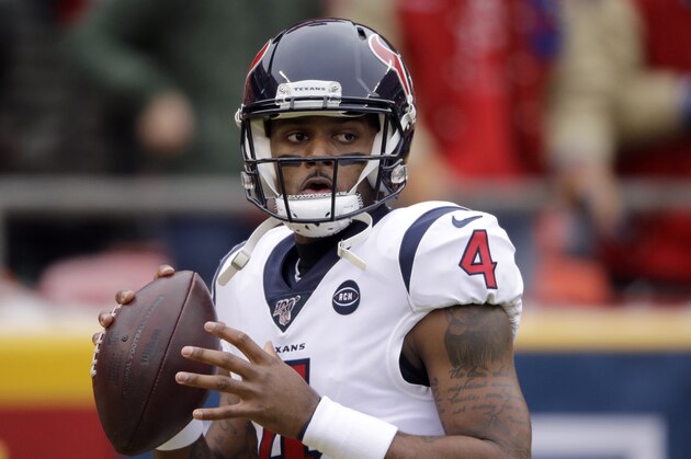 Houston Texans quarterback Deshaun Watson passes the ball before an NFL divisional playoff football game against the Houston Texans Sunday, Jan. 12, 2020, in Kansas City, Mo. (AP Photo/Charlie Riedel)
