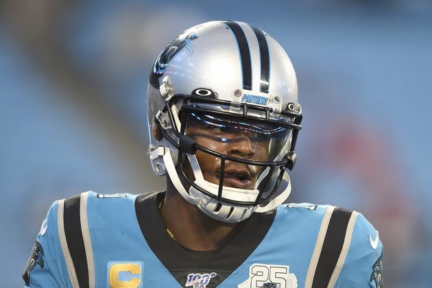 Carolina Panthers quarterback Cam Newton (1) warms up prior to an NFL football game against the Tampa Bay Buccaneers in Charlotte, N.C., Thursday, Sept. 12, 2019. (AP Photo/Mike McCarn)
