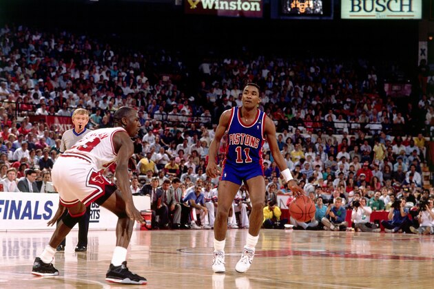 CHICAGO - 1989:  Isiah Thomas #11 of the Detroit Pistons looks to pass against Michael Jordan #23 of the Chicago Bulls during an NBA game in 1989 at the Chicago Stadium in Chicago, Illinois.  NOTE TO USER: User expressly acknowledges and agrees that, by downloading and/or using this Photograph, user is consenting to the terms and conditions of the Getty Images License Agreement.  Mandatory Copyright Notice: Copyright 1989 NBAE (Photo by Nathaniel S. Butler/NBAE via Getty Images)