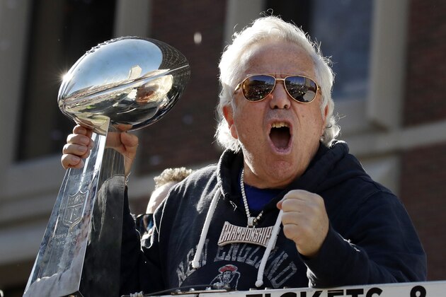 New England Patriots owner Robert Kraft yells to fans during their victory parade through downtown Boston, Tuesday, Feb. 5, 2019, to celebrate their win over the Los Angeles Rams in Sunday's NFL Super Bowl 53 football game in Atlanta. The Patriots have won six Super Bowl championships. (AP Photo/Elise Amendola)