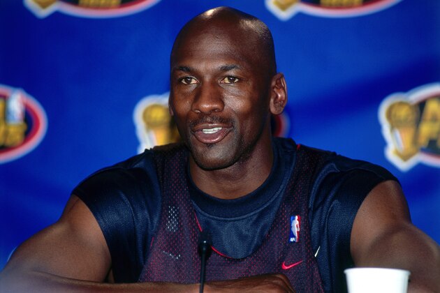 SALT LAKE CITY, UT - JUNE 3 : Michael Jordan #23 of the Chicago Bulls speaks with the media before Game 1 of the NBA Finals on June 3, 1998 at the Delta Center in Salt Lake City, Utah. NOTE TO USER: User expressly acknowledges and agrees that, by downloading and or using this photograph, User is consenting to the terms and conditions of the Getty Images License Agreement. Mandatory Copyright Notice: Copyright 1998 NBAE (Photo by Garrett Ellwood/NBAE via Getty Images) SALT LAKE CITY, UT - JUNE 3 : Michael Jordan #23 of the Chicago Bulls speaks with the media before Game 1 of the NBA Finals on June 3, 1998 at the Delta Center in Salt Lake City, Utah. NOTE TO USER: User expressly acknowledges and agrees that, by downloading and or using this photograph, User is consenting to the terms and conditions of the Getty Images License Agreement. Mandatory Copyright Notice: Copyright 1998 NBAE (Photo by Garrett Ellwood/NBAE via Getty Images)